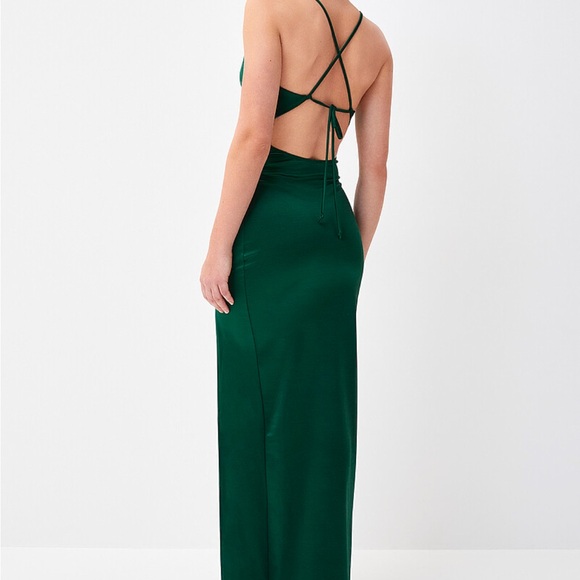 Satiny fitted draped-neck dress (pine green) - Picture 2 of 3
